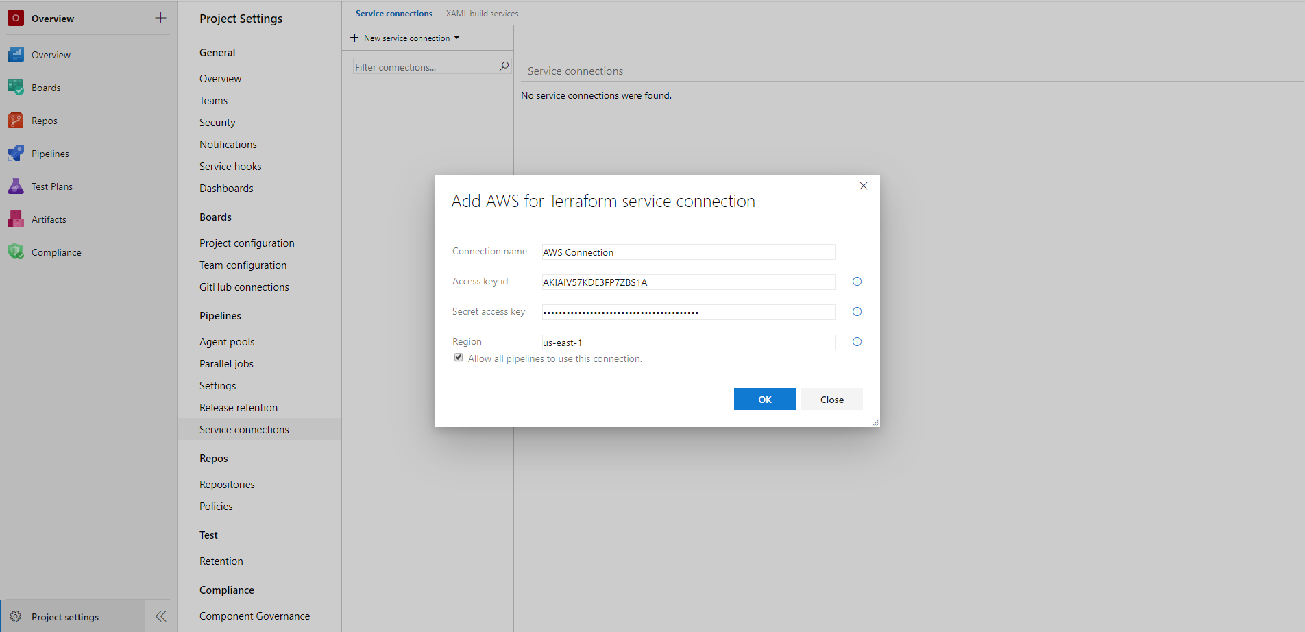 Creating an AWS service connection